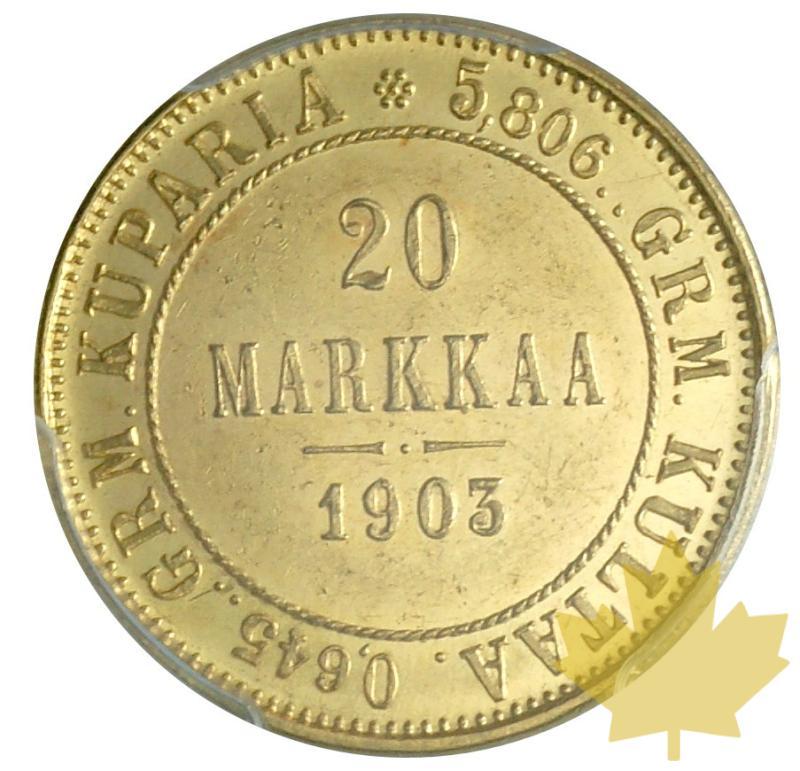 FINLANDE-1903 L -20 MARKKAA-PCGS MS62 - 20180808150842_20markkaa-1903-MS62-2.JPG