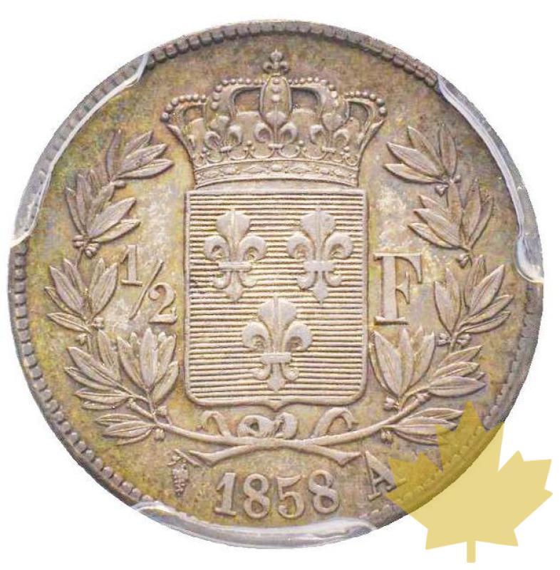 FRANCE-1858-DEMI FRANC-Henri V-tête âgée-PCGS SP63 Rare - 20210310173201_demifranc1858.jpg