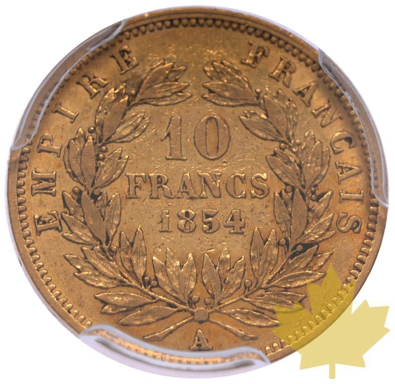 FRANCE-1854-A-10 FRANCS-NAPOLEON III-PCGS AU53 Rare - 20230502142005_1854-a-10-francs-r.jpeg
