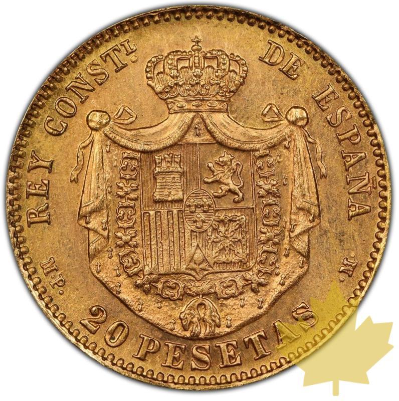 ESPAGNE-1896-MP M-20 PESETAS-ALPHONSE XIII-PCGS MS65 FDC - 20230619111613_20pst1896ms65.jpg
