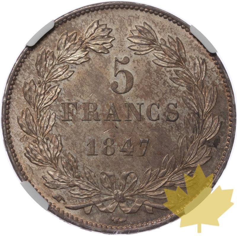 FRANCE-1847A-5 FRANCS-LOUIS PHILIPPE I-NGC MS63 - 20230814132418_France-1847-5fr-r.jpeg