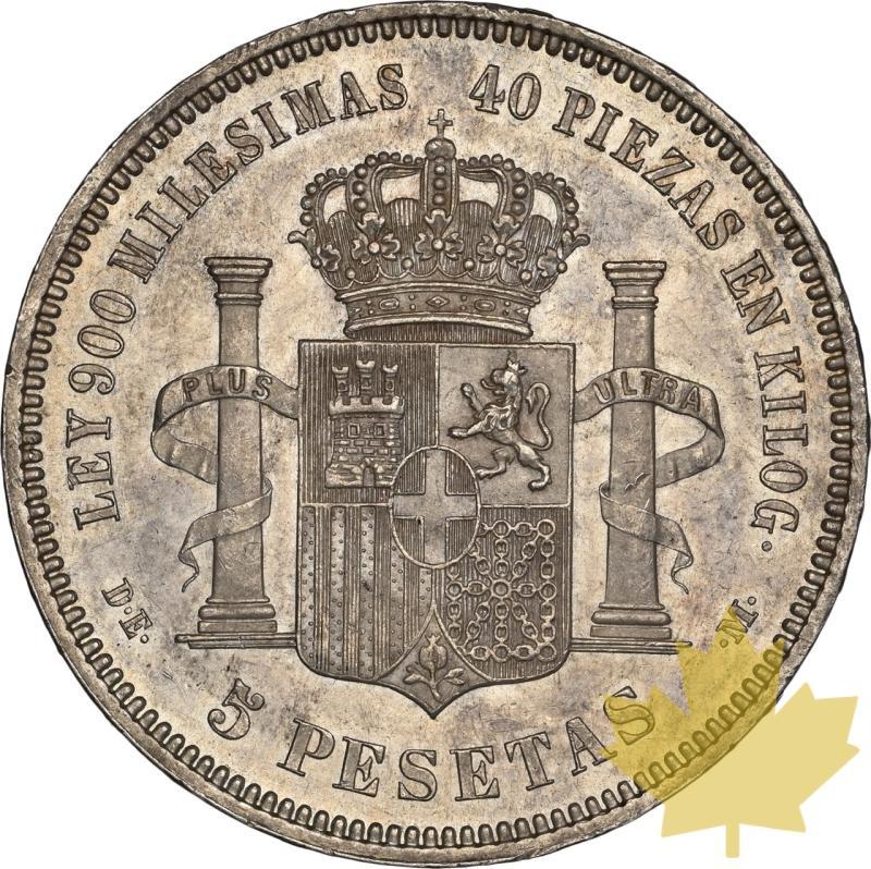 SPAGNA-1871-5 PESETAS- Amadeo I 1871-1873-NGC MS61 - 20231123142737_ESPAGNE-1871-5PESETAS-r.jpeg