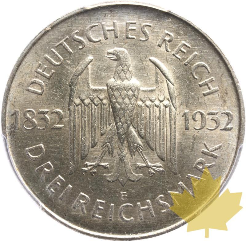 GERMANIA-1932-3 REICHSMARK GOETHE-PCGS MS62 - 20250114135119_ALLEMAGNE-1932-3MARK-r.jpeg