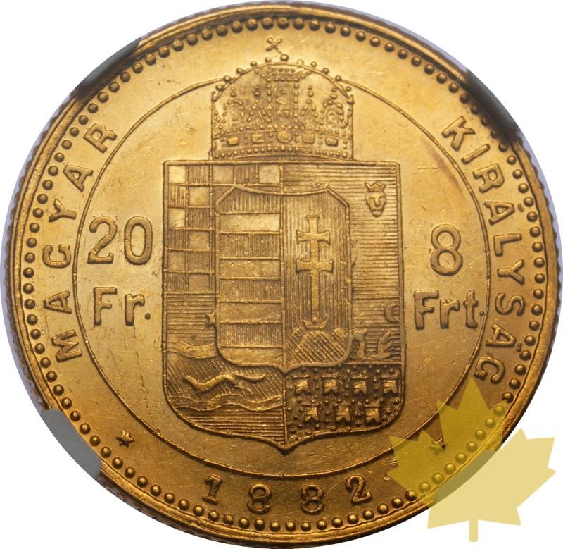 HONGRIE-1882-KB- 8 Forint - 20 Francs-FRANCIS JOSEPH I-NGC MS61 - 20250218122433_HUNGARY-1882-KB-20FRANCS-r.jpeg