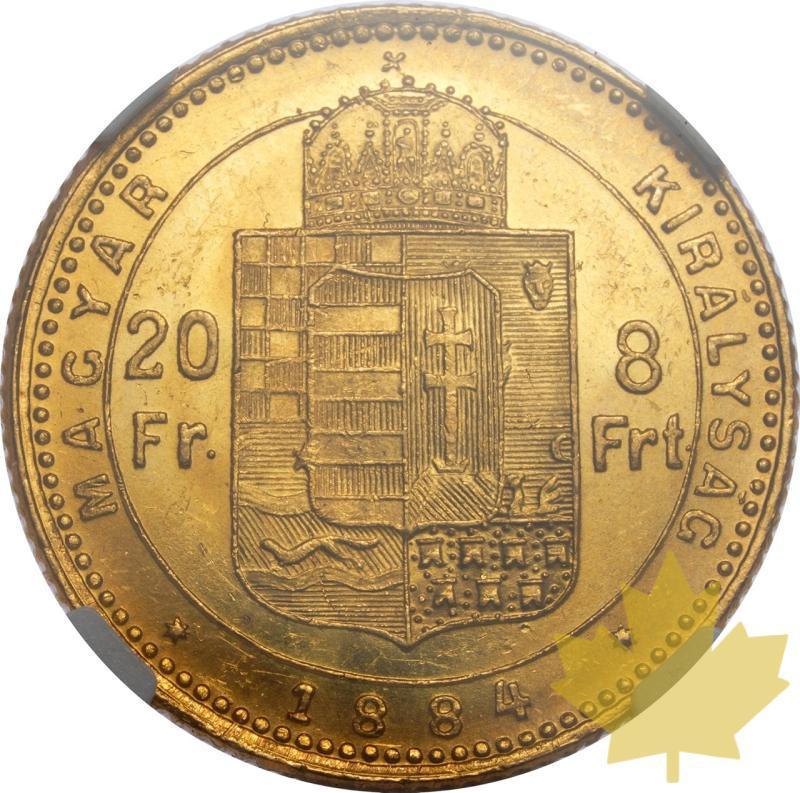 HUNGARY-1884-KB-8 forints-FRANCIS JOSEPH I-NGC MS62 - 20250218123542_HUNGARY-1884-KB-20FRANCS-r.jpeg
