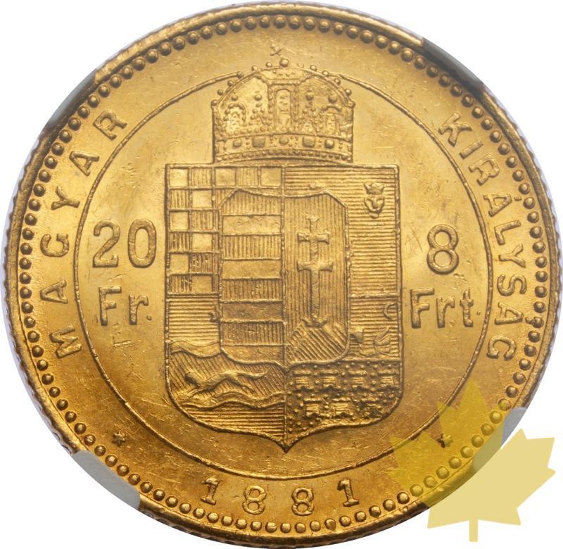 UNGHERIA-1881-KB-20 FRANCS-FRANCIS JOSEPH I-NGC MS61 - 20250218132134_HUNGARY-1881-KB-20FRANCS-r.jpeg