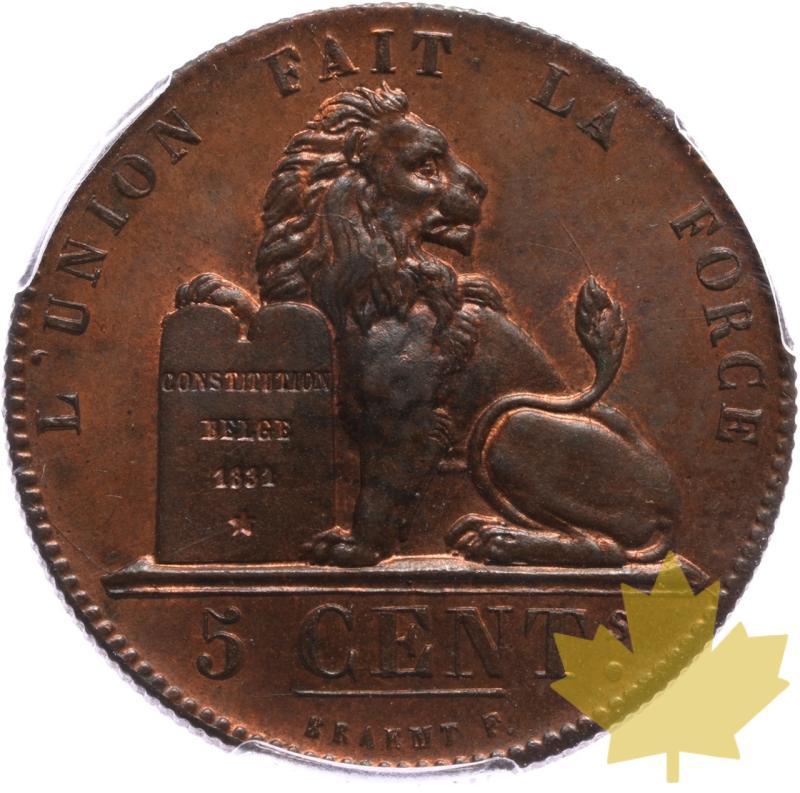 BELGIO-1852-5 CENTIMES-LEOPOLD I-PCGS MS64 RB - 20250526151925_1852-5CENTIMES-LEOPOLDI-r.jpeg