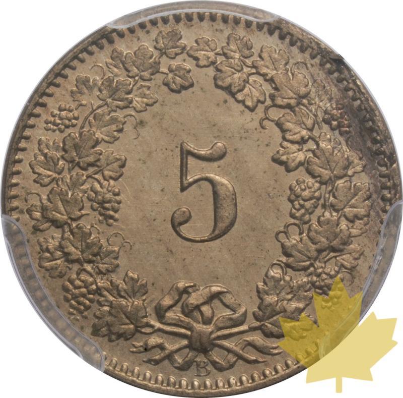 SWITZERLAND-1876 B-5 RAPPEN-Berne-PCGS MS64 - 20250603145604_SVIZZERA-1876B-5RAPPEN-r.jpeg