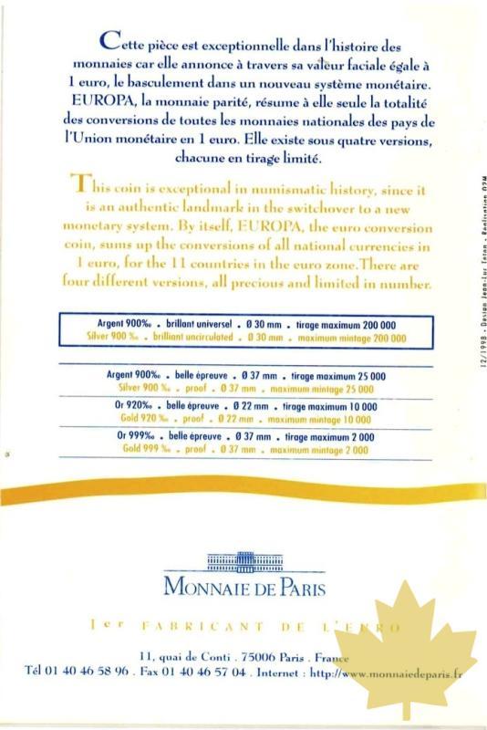 FRANCE-1999-EUROPA-1 EURO-6,55957 FRANCS-FDC-MONNAIE DE PARIS - 20150707114137_france-1999-conversion-2.jpg
